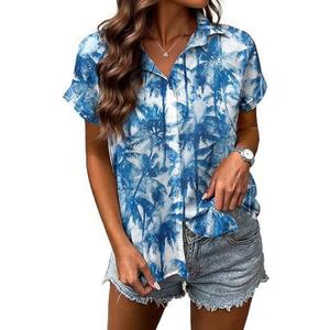 Hawaiian Shirts for Women Soft Cool Hawaiian Shirt Beach Tropic Print V Neck T-Shirt Vacation Button Up Tops (Blue, M)