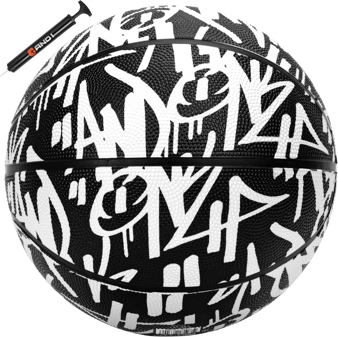 AND1 Fantom Graffiti Rubber Basketball - Streetball for Indoor and Outdoor Use, Deep Channel Construction and Durability (27.5 W/ Pump, White/Black)