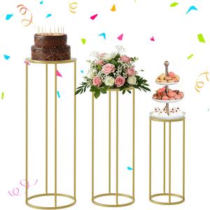 Urban Deco Cylinder Stands for Party, 3Pcs Gold Round Pedestal Stand for Parties, Metal Cake Stands with Acrylic Countertop, Cilindros para Fiestas for Birthday Party Wedding Baby Shower Decor