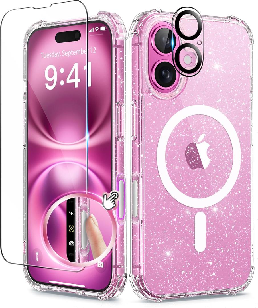 BERFY Magnetic for iPhone 16 Case, [Compatible with Magsafe], with Screen Protector + Camera Lens Protector, [Non-Yellowing] Clear Sparkly Shockproof Hard Phone Case for Women 6.1", Shiny Clear