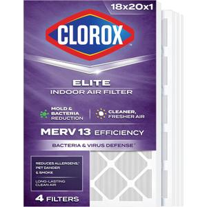 Clorox 18x20x1 Air Filter, MERV 13 Pleated HVAC AC Furnace Air Filters for Allergies, Pet Dander, Smoke and more, MPR 1500 & FPR 10 – Pack of 4