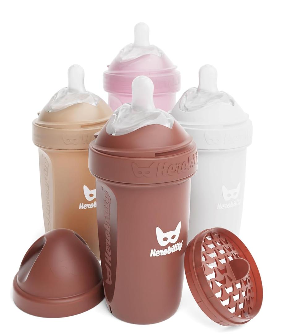 Herobility Double Anti-Colic Baby Bottles  8.5 fl oz/240ml  4-Pack  Multicolor  Sand, Woodchuck, Pink, White