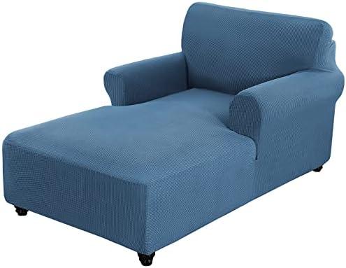Dust Blue Small Checks Chaise Lounge Couch Cover - Fitted Slipcover with Double Arm, Stretch Chair Protector