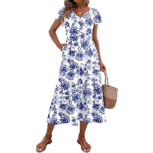 Zeagoo Women's Summer Casual Dress Flutter Short Sleeve V Neck Button Down Tiered Flowy Long Dress with Pockets (Floral-4), L