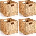 Layhit 4 Pcs Wicker Storage Basket Water Hyacinth Handwoven Baskets with Handles Foldable Woven Organizer Multipurpose Wicker Storage Bins for Bedroom Living Room(13 x 11 x 11'',Natural)