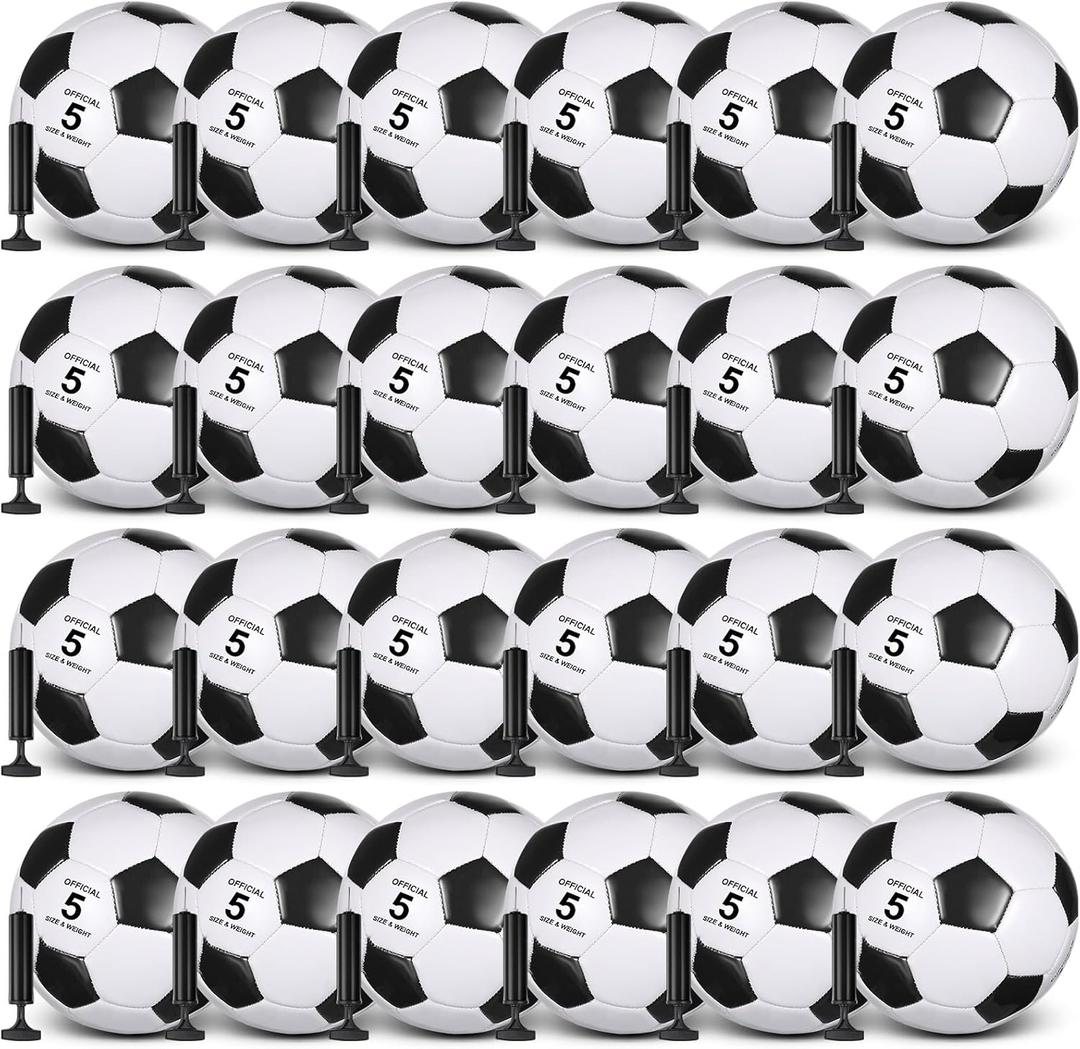 Sotiff 24 Pcs Size 5/4/3 Soccer Ball Bulk with 24 Pump Deflated Soccer Balls Bulk for Kids Teen School Team Training Practice Outdoor Game, Sports Gifts for Charity Donation (black and white)