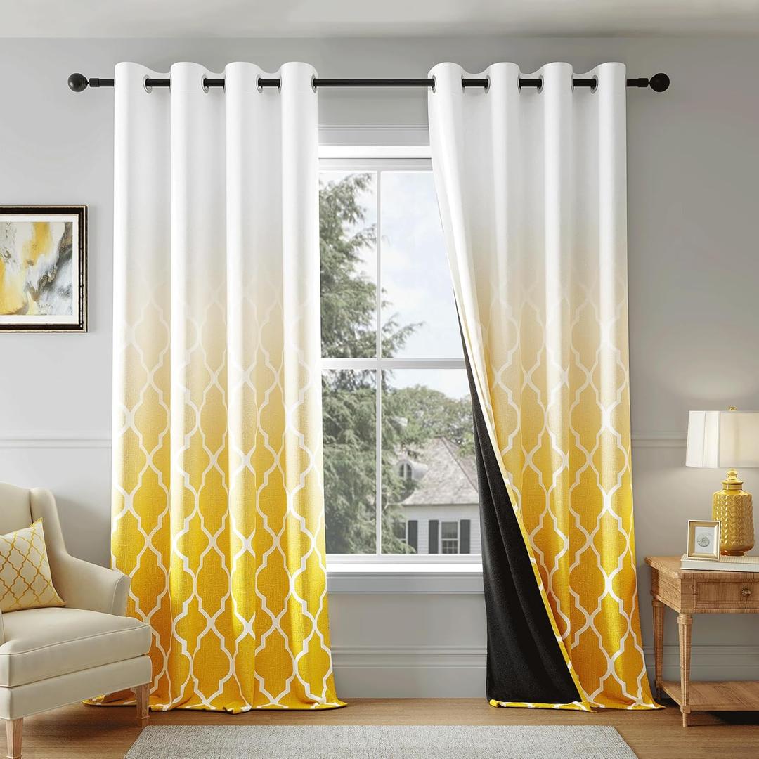 Metro Parlor Ombre Full Blackout Curtains 90 Inches Long 2 Panels for Living Room Bedroom Yellow White Moroccan Geo Patterned Room Darkening Thermal Insulated Grommet Top Window Treatment Drapes,52x90