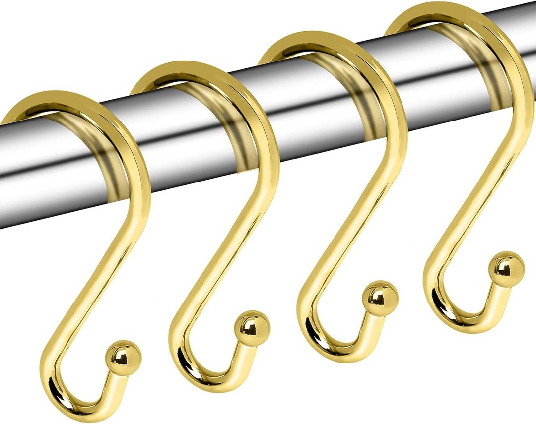 Metal Shower Curtain Hooks, Set of 12, Rust Proof Shower Curtain Hooks Rings, Durable S Shaped Hooks Hangers for Shower Curtains, Kitchen Utensils, Clothes, Towels (Gold)