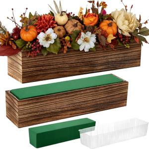Dandat 2 Set Wood Boxes for Centerpieces 16x4 Inch Rectangle Wooden Planter Box Rustic Wood Planter with Removable Plastic Liner Floral Foam Blocks for Centerpieces Home Wedding Garden Decor