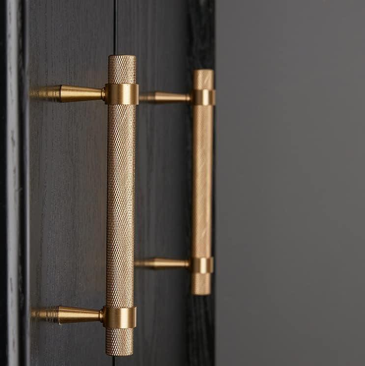 2 Pack Solid Brass Cabinet Pulls, 5" Inch (128mm) Hole Centers Gold Knurled Textured Cabinet Bar Handles for Drawer Bathroom Kitchenroom Cabinet Hardware