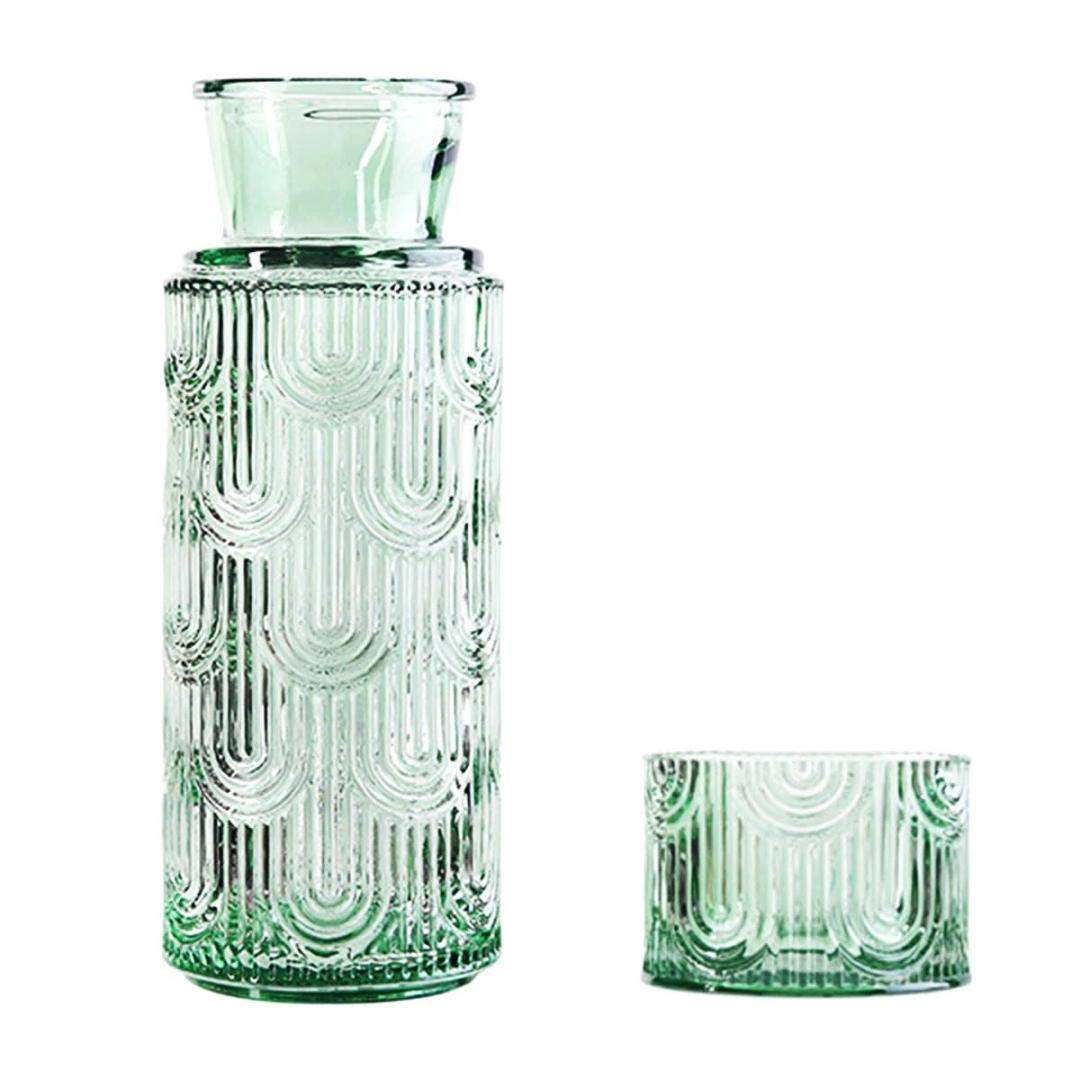Bedside Water Carafe and Glass Set with Lid, 21.6 Oz Glass Water Carafe and 6 Oz Cup, Mouthwash Decanter for Nightstand, Bathroom, Kitchen  Green
