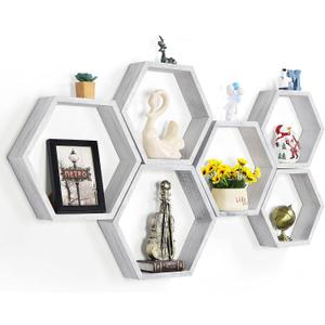 NORCEESAN Hexagon Floating Shelves Set of 6 Honeycomb Shelves Wooden Farmhouse Hexagonal Shelf for Wall Decor Hanging Shelves Honeycomb Storage Shelf for Bedroom Living Room Nursery, Grey-White