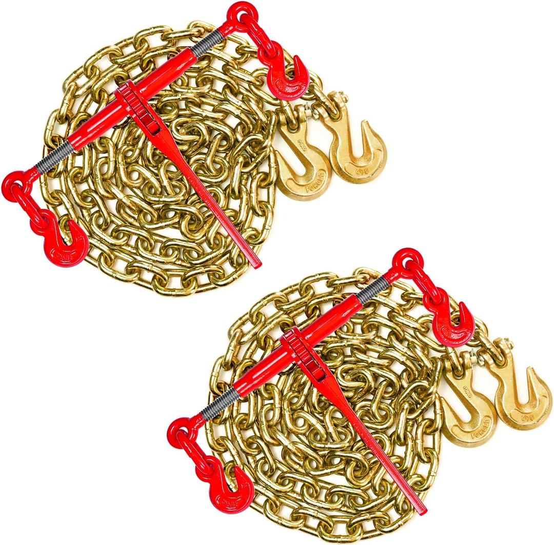 Chain Binder 3/8" -1/2" Grade 70 and 3/8"10ft Chains Includes (2) Binders and (2) Chains for Industrial Agricultural Towing Applications in Chain and Binder Kit