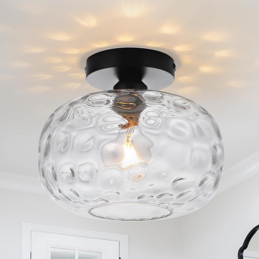 WILON Industrial Semi Flush Mount Ceiling - 9.84" Hammered Glass Ceiling Light Fixture Farmhouse Close to Ceiling Lights Black Kitchen Lighting Fixtures Ceiling Lamp for Hallway Bathroom Porch Foyer