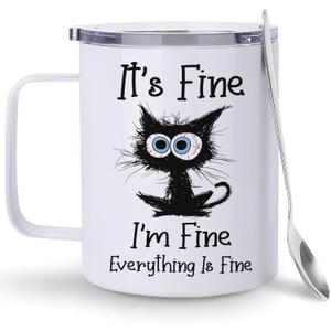 Hyturtle Funny Black Cat Gifts For Cats Lover - It's Fine I'm Fine Everything Coffee Tumbler Cup Mug Stainless Steel 12 Oz - Cats Gifts For Women - Birthday Gift For Cat Lovers On Birthday Christmas