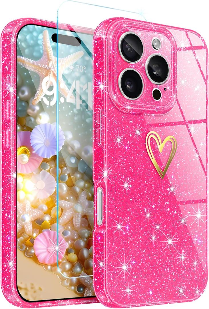 2 x for iPhone 16 Pro Case, iPhone 16 Pro Clear Case,[Not-Yellowing] with [1X Tempered Glass Screen Protector],Glitter Bling Sparkly Slim Fit Shockproof Phone Cases for Women Girls (Hot Pink)