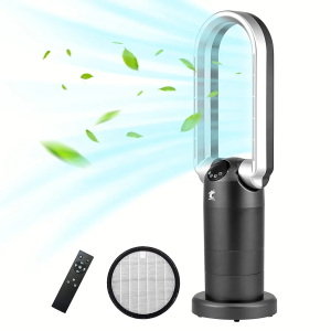 Ocean Loong Bladeless Tower Fan & Space Heater Combo for Home with Remote Control Timer Oscillation Tip-Over Switch and Adjustable Thermostat, 29” 1500W AB01H (Black)