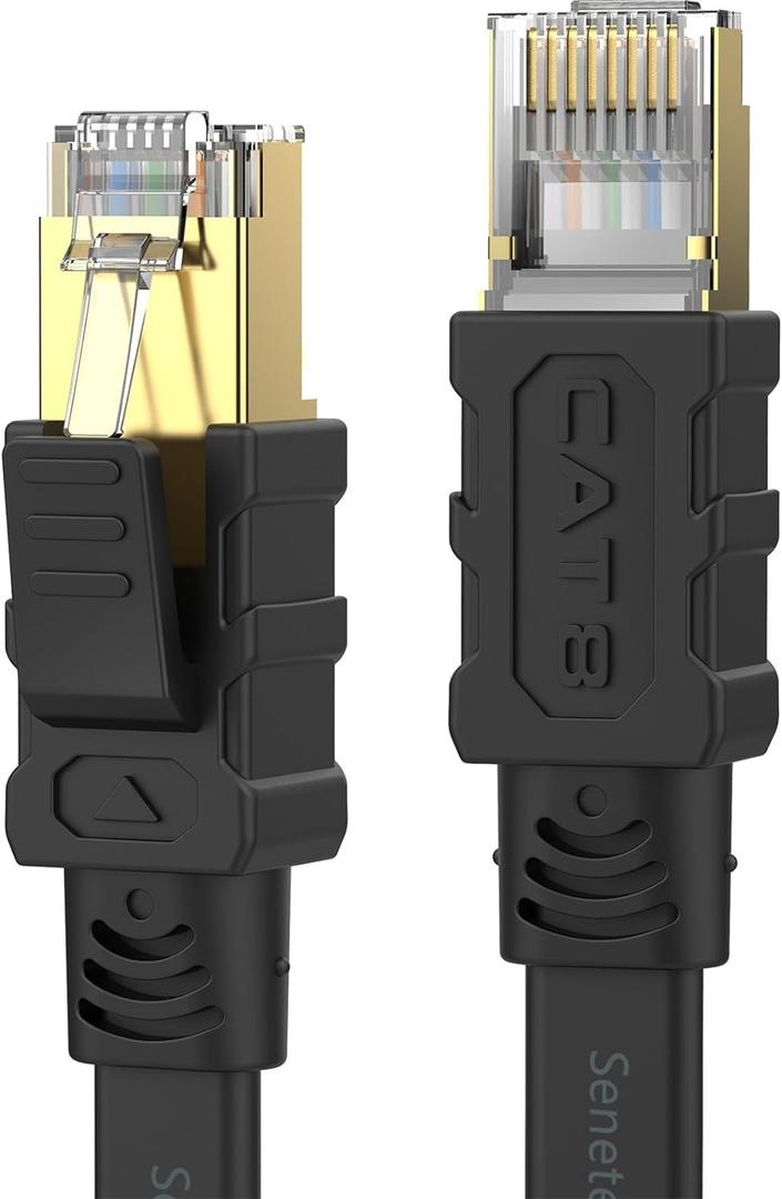 Senetem Cat 8 Ethernet Cable 15FT, High Speed 40Gbps 2000Mhz Flat Internet Network Patch Cord, RJ45 Shielded Outdoor&Indoor LAN Cable, Compatible for Gaming, PC, PS5/4/3, Xbox, Modem, Router (15FT, Black)