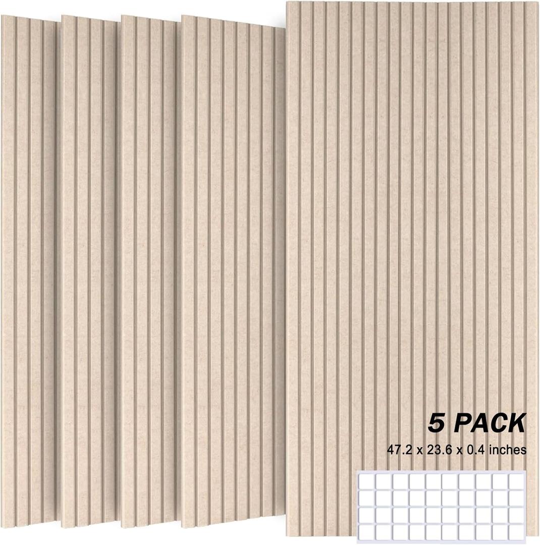 5 Pack Acoustic Panels, 47.2" X 23.6" X 0.4" Decorative Sound Proof Felt Panels, Sound Dampening Panels, Self-Adhesive Sound proof panels for walls, Creative Slotting Design, (Deep Camel)
