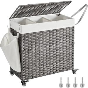 SONGMICS Laundry Hamper with Lid, 37 Gallons (140 L), Rolling Laundry Basket with Wheels, 3-Section Synthetic Rattan, Removable Liner, Bedroom, 26 x 13 x 26 Inches, Gray ULCB363G01