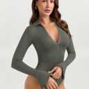 PINKMSTYLE Women Sexy V Neck Long Sleeve Bodysuit Slim Fit Ruched Going Out Y2K Top Flared Sleeve Collared Shirts Fall Outfit (Medium, Gray Green)