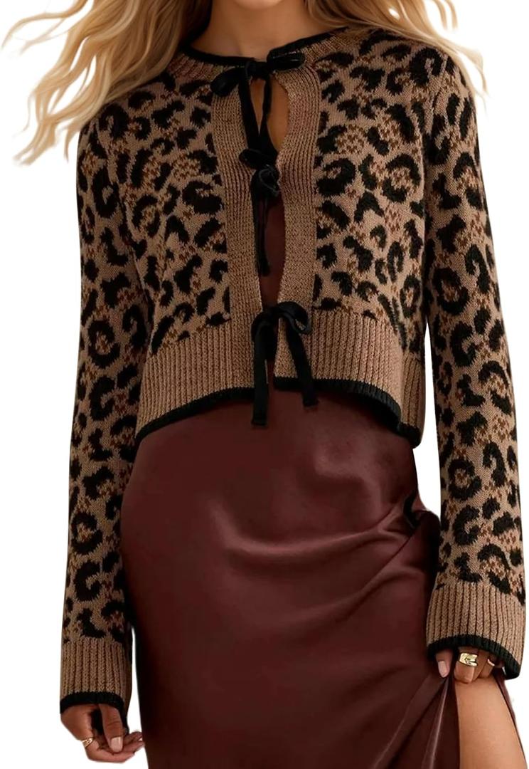 Ythomm Women Leopard Print Bow Tie Cardigan Sweaters Long Sleeve Crewneck Open Front Knit Cardigan Coats Casual Loose Outwear Brown (Brown, L)
