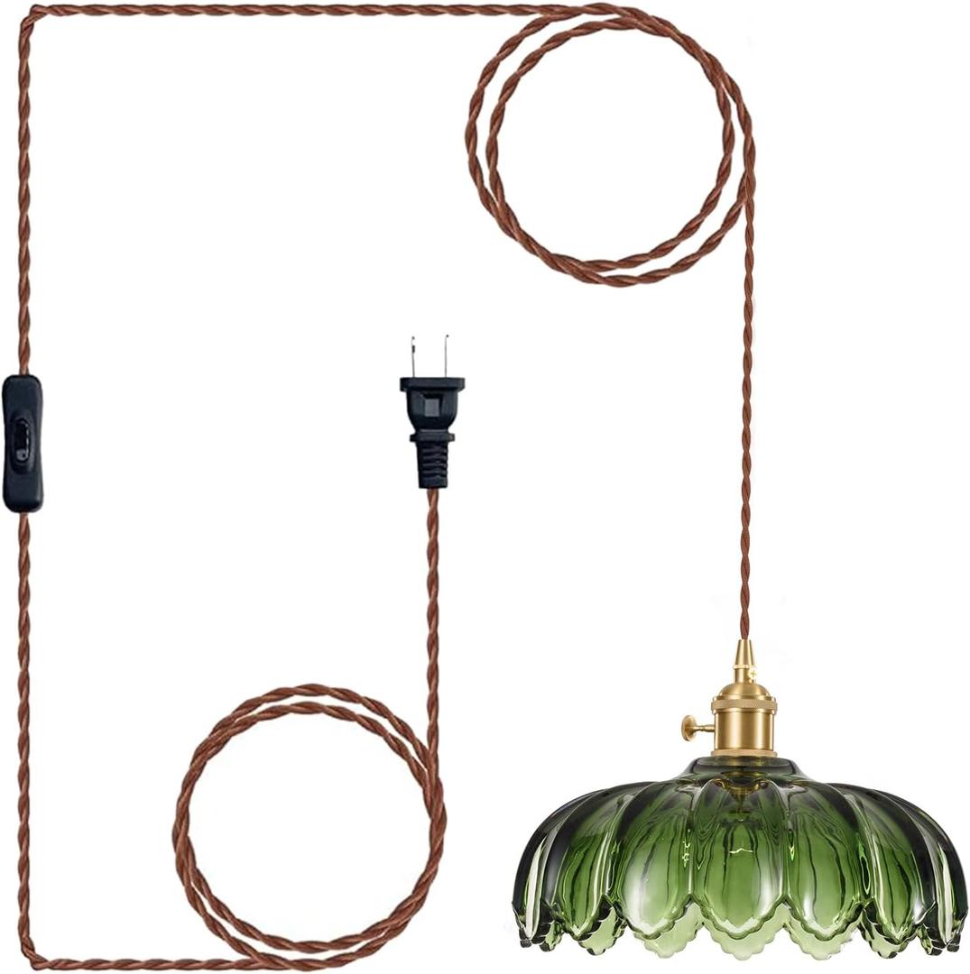 XZHGCEE Plug in Pendant Light Fixtures: Hanging Light Plug in Green Glass Hanging Lamp, Pendant Lighting for Kitchen Island, Bedroom, Dining Room, Living Room, E26 No Bulb (Copper)