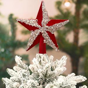 Soulchen 7.87 Inches Christmas Tree Topper Velvet Glitter Star Tree Topper Red Silver Holiday Bethlehem Star Ornament Decorative Christmas Decoration Xmas Gift Home Decor