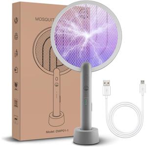 Electric Fly Swatter Racket, Mosiller 2 in 1 Smart Bug Zapper with USB Rechargeable Base, Powerful Mosquitoes Trap Lamp & Fly Killer with 3-Layer Safety Mesh for Home, Bedroom, Kitchen, Patio1 Pack