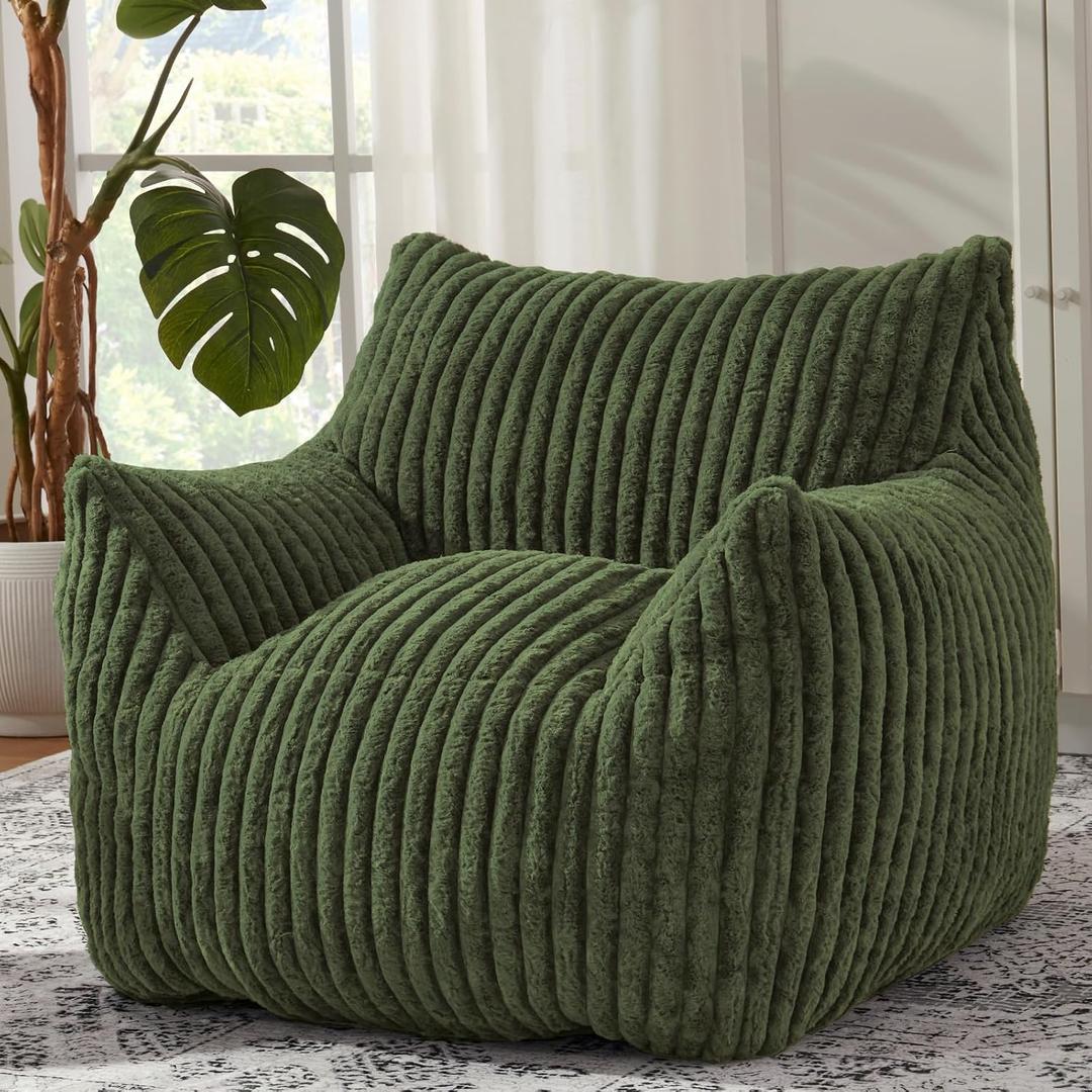 Giant Bean Bag Chairs for Adults Teens with Filling Large Fluffy Bean Bag Chair with Armrests Plush Comfy BeanBag Couch Sofa Chair for Bedroom Living Room Reading (Green)