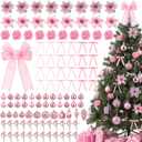 111Pcs Pink Christmas Tree Ornaments Set Include Xmas Tree Bow Topper Artificial Glitter Rose Velvet Bow Christmas Ball Ornaments Poinsettia Flowers Decoration Berries for Xmas Holiday Decor