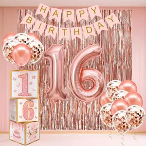 Sweet 16 Party Decorations,16th Birthday Boxes Decor for Girls Women Sweet Sixteen Happy Birthday Banner Kits Pink Rose Gold Foil Balloons Party Supplies Rose Gold Tassel Curtain