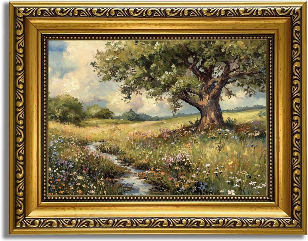 YD&YZY Gold Framed Vintage Wall Art Canvas Spring Country Landscape Wall Decor Wildflower Farmhouse Painting Rustic Nature Picture Cottagecore Print for Home Decor Bedroom 8x10 inch Small Framed