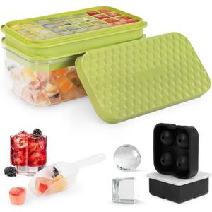 Ice Cube Tray SET, 64 Cube Ice Maker Tray With Easy Press Lid & Large Silicone Molds for Ice Cubes and Spheres (Black) (Green-Black)