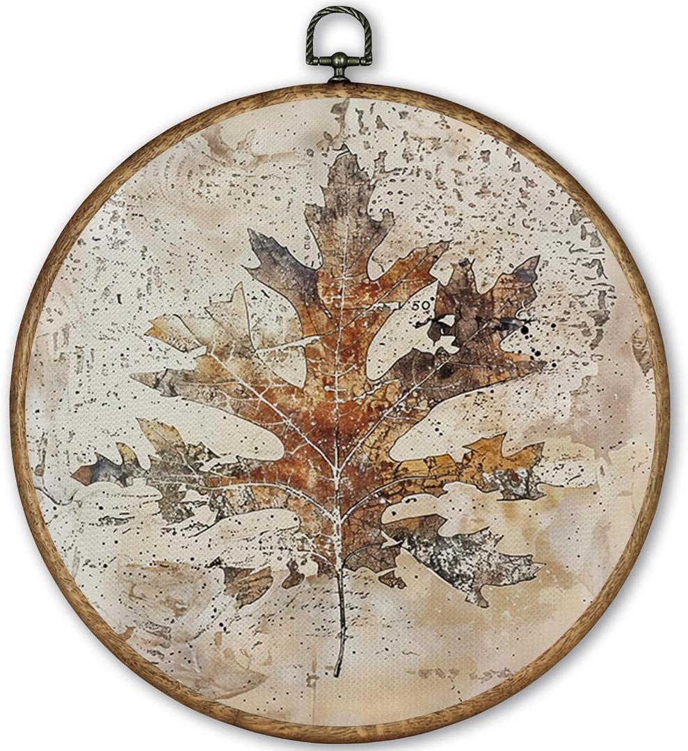 TLESKE Vintage Fall Oak Leaf Round Wall Art Decor Framed 10x10, Rustic Autumn Botanical Canvas Wall Art Prints Artwork, Neutral Beige Wall Hanging Room Door Decor Decorations for Bedroom Living Room