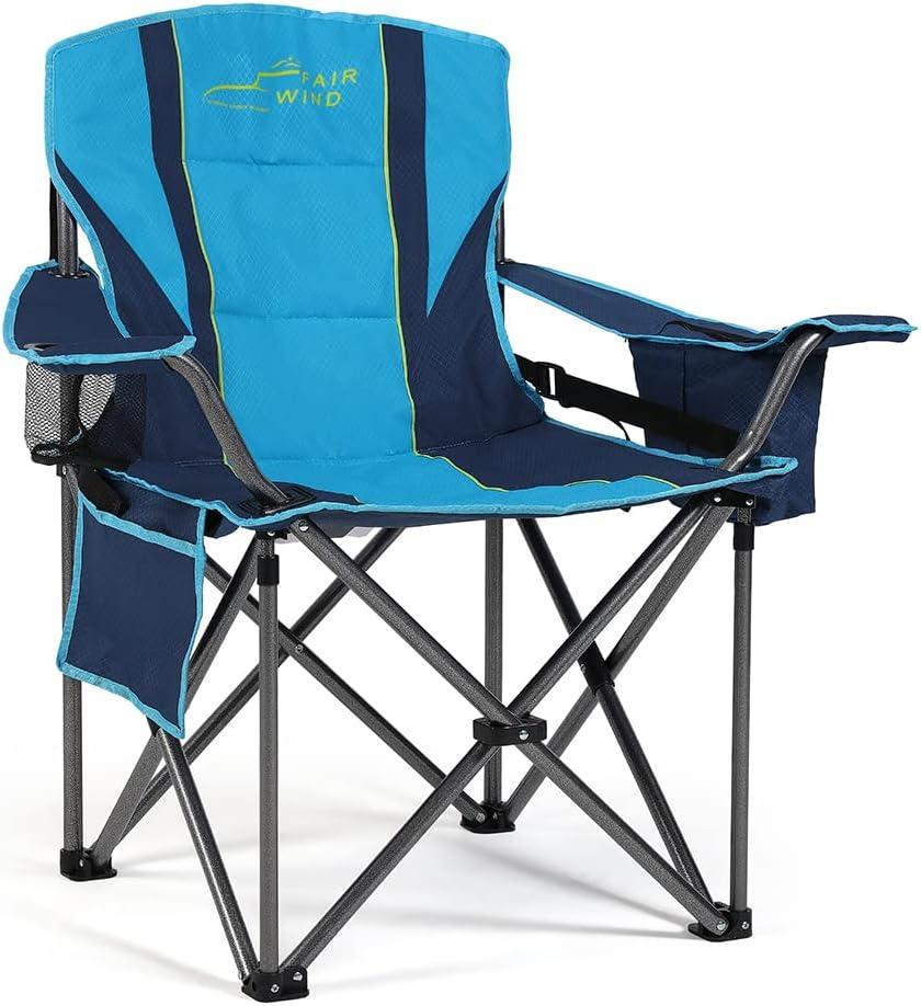 FAIR WIND Oversized Fully Padded Camping Chair with Lumbar Support, Heavy Duty Cooler Bag Fold Chair Support 450 LBS, Green (Single Pack)