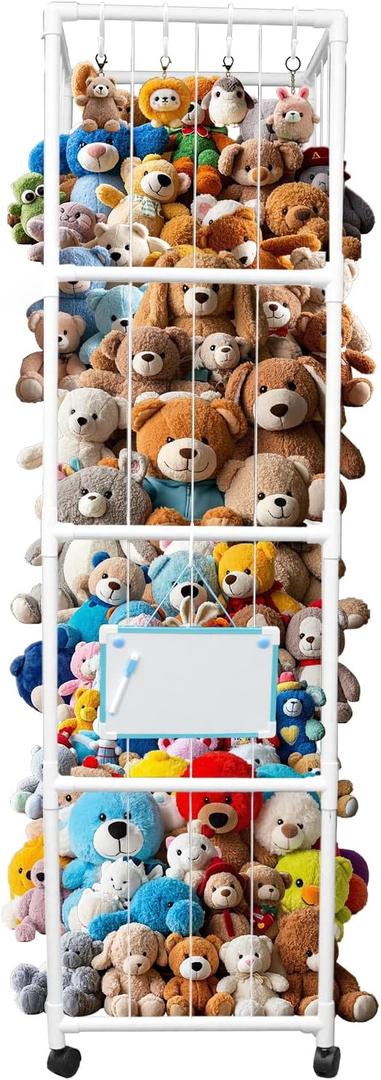 GEEWAY 71" Extra Large Stuffed Animal Storage, Heavy Duty PVC Plush Toys Holder and Collection, Hanging Zoo Cage Organizer with 4 Locking Wheels and Whiteboard for Playroom, Bedroom, Nursery (450L)