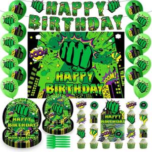 Green Hero Birthday Party Decorations Set, Super Theme Hero Party Supplies, Hero Fans Disposable Dinnerware Set for Kid Hero Cityscape Birthday Baby Shower Table Party Decoration