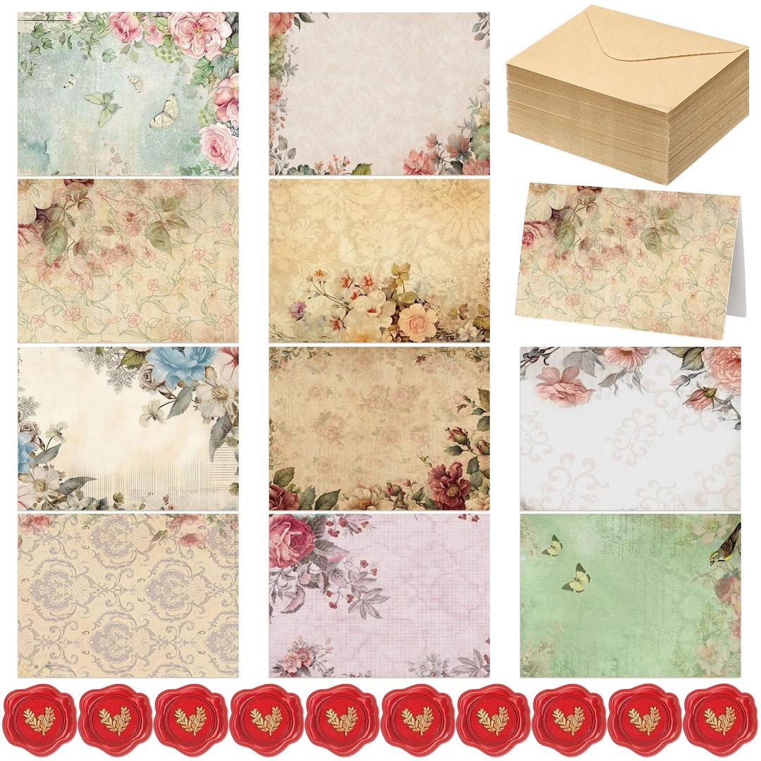 Motiskyy 100 Pcs Blank Note Cards and Envelopes 4x6 Vintage Floral Blank Greeting Cards with Matching Peel-and-seal Stickers Plain Notecards Stationery for Valentine's Day Mother's Day, 10 Designs
