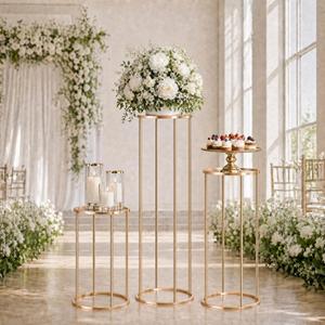 3PCS Round Cylinder Pedestal Stands Set, Gold Metal Display Columns with Removable Acrylic Tops, Sturdy Iron Nesting Risers for Wedding Party Dessert Table, Floral Vases and Event Decor (23.6", 31.5", 39.3" Heights)