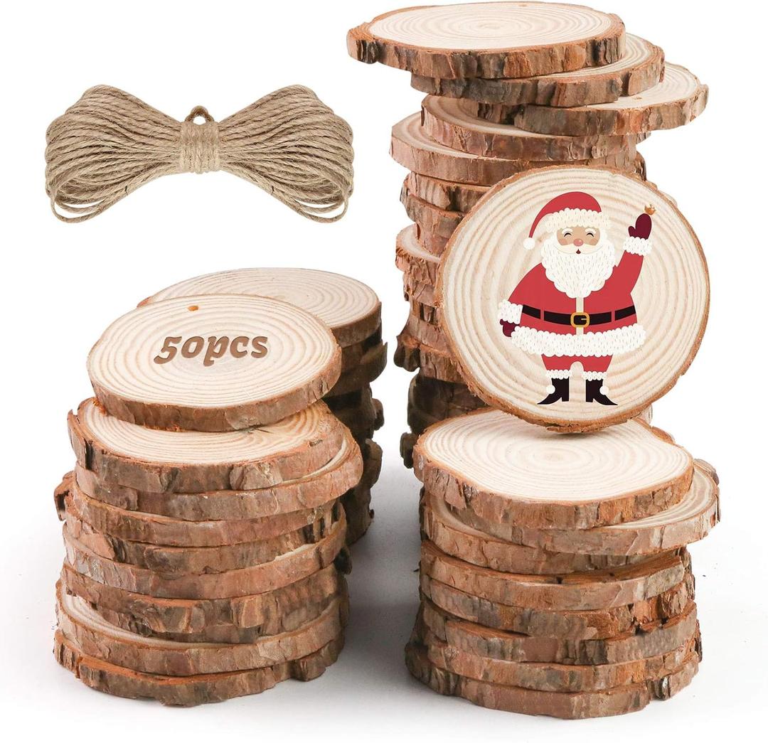 LovesTown 50pcs DIY Craft Unfinished Wood kit,2.4-3 Inches Bark Wood Slices Unfinished Wood Disc with Hole DIY Wooden Ornaments for Wedding Decorations Christmas Ornaments