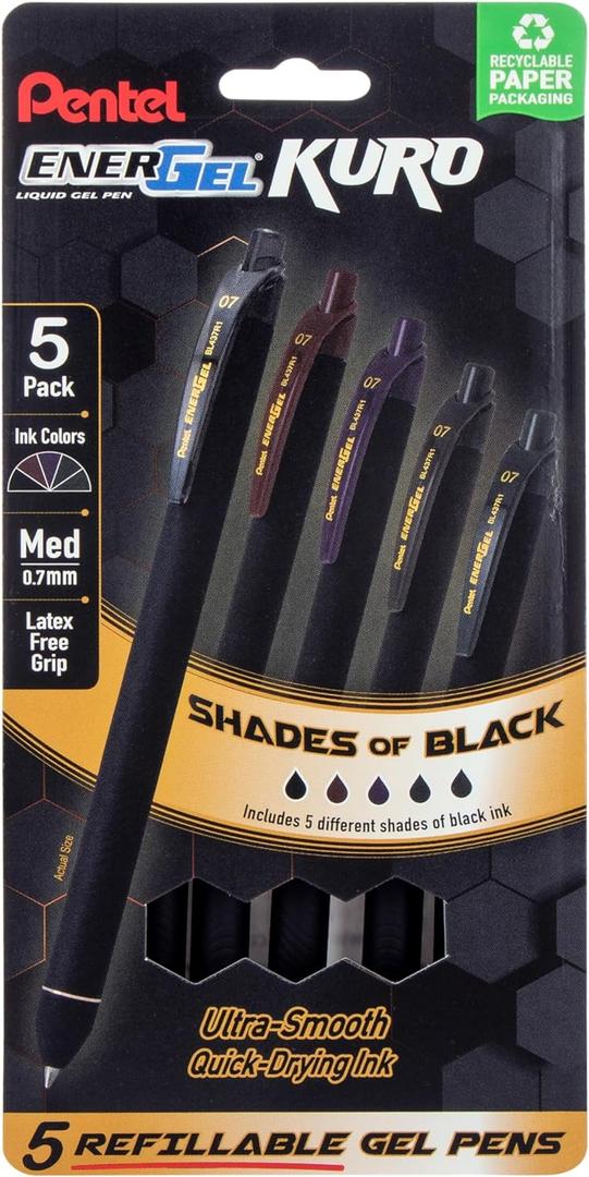 Pentel EnerGel Kuro Retractable Liquid Gel Pen, Shades of Black, 0.7mm tip, Assorted black ink, Pack of 5 Pens