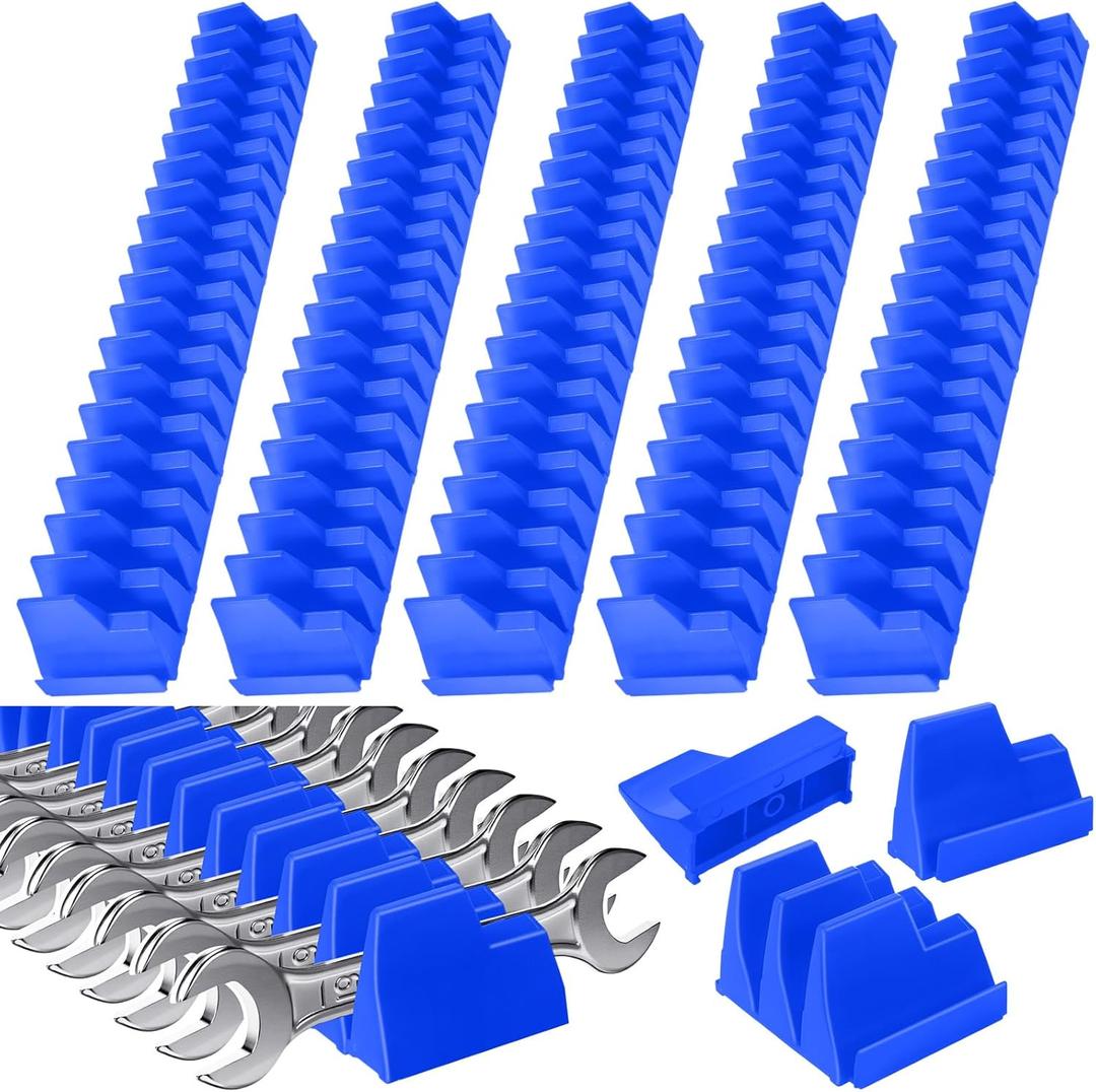 Chunful 100 pcs Modular Wrench Organizer Holder Wrench Tool Organizers Storage Racks Set with Metric & SAE Label for Tool Box Drawer Storage for Father Brother Professional Mechanics Men (Blue)