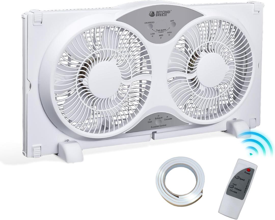 BEYOND BREEZE Window Fan Reversible Airflow, 9" Dual Window Fan with 3-Speed 3 Modes (Cool, Circulate, Exhaust), Remote Control Twin Window Fan 23.5" to 37" Adjustable Width for Bedroom, Kitchen, Home