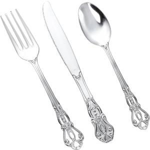 150PCS Silver Plastic Silverware - Heavy Duty Silver Disposable Cutlery - Fancy Plastic Utensils Flatware Include 50 Forks, 50 Spoons, 50 Knives for Catering, Parties, Dinners, Weddings