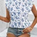 Floerns Women's Polka Dots Print Crew Neck T Shirts Cap Sleeve Summer Tee Shirt (White, L)