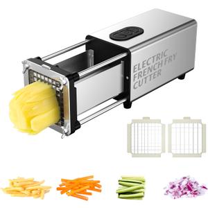 SIXRARI Electric French Fry Cutter, Automatic Potato Cutter Stainless Steel with 1/2 & 3/8 Inch Blade,Vegetable Cutter,Commercial and Household Potato Slicer, Use for Potatoes Onion Cucumbers (Silver)