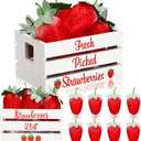 Maitys Strawberry Table Party Decorations Centerpiece, Mini Wooden Crate Summer Tiered Tray Decor with 8 Fake Strawberry, Farmhouse Kitchen Berry Decorations, Birthday Sweet Baby Shower Party Supplies