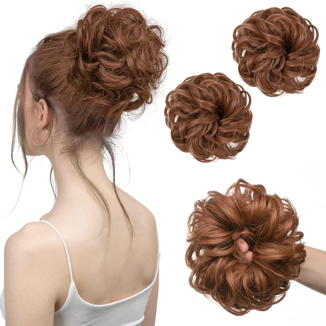 SARLA 2PCS Messy Hair Bun Hair Pieces Wavy Curly Synthetic Updo Fake Scrunchies Ponytail Extension for Women Light Auburn