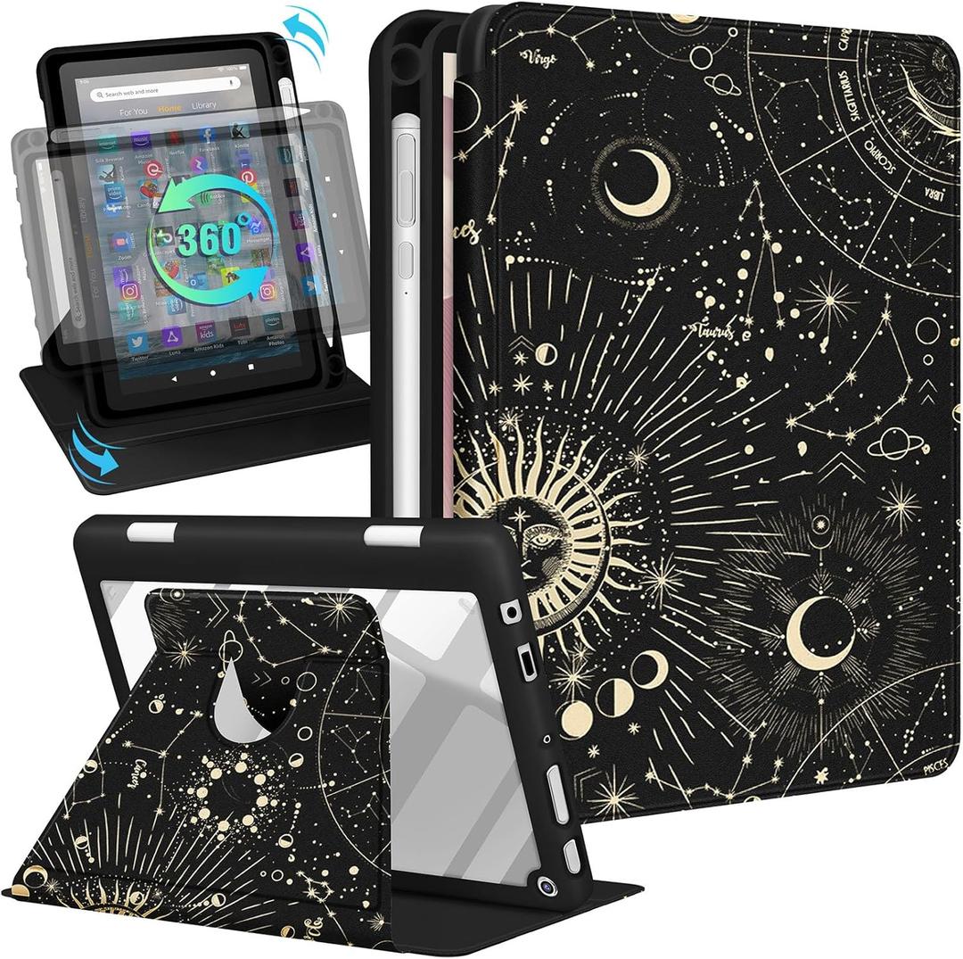 Kidcube for Kindle Fire HD 8/8 Plus Tablet Case - 10th/12th Generation (2020/2022) 8" Women Girls Cute Folio Cover with Pencil Holder Sun Moon Stars Rotating Stand Cases for Amazon Fire HD 8/8 Plus